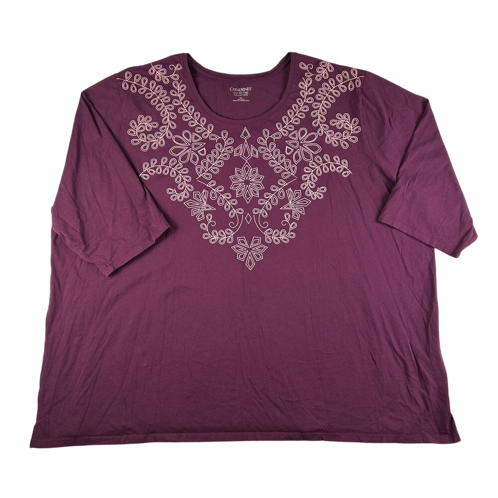 Catherines Shirt Womens 5X Purple Scoop Neck Plus Embroidered 3/4 Sleeve Tee